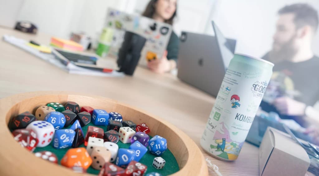 Office culture—dice, kombucha, and collaborative work
