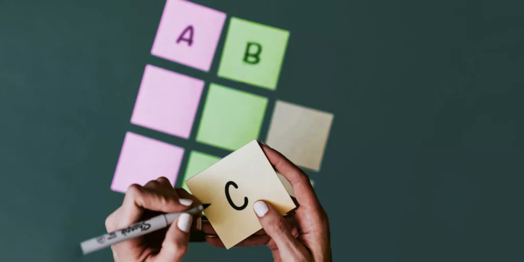 Post it notes with letters A, B and C.
