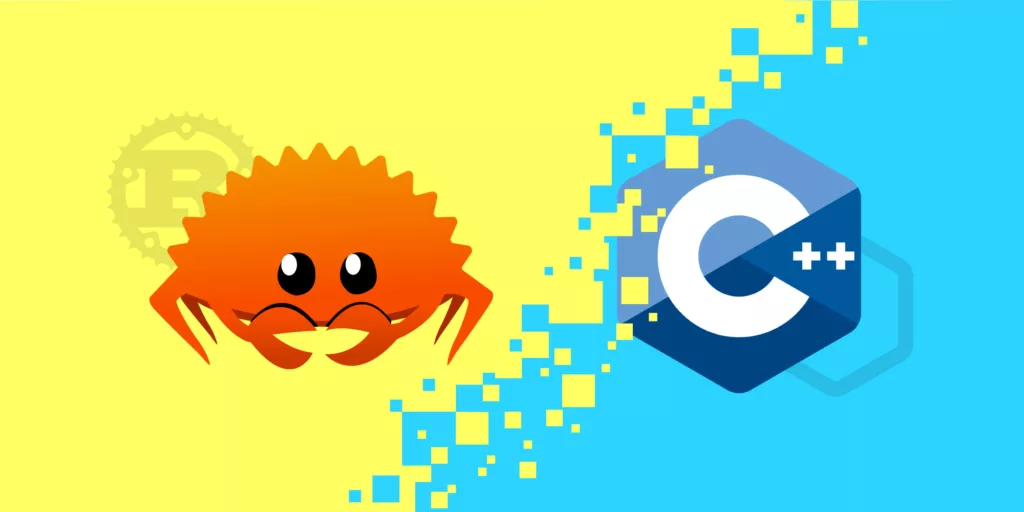 Flat illustration containing the crab mascot of Rust language, and C++ logo.